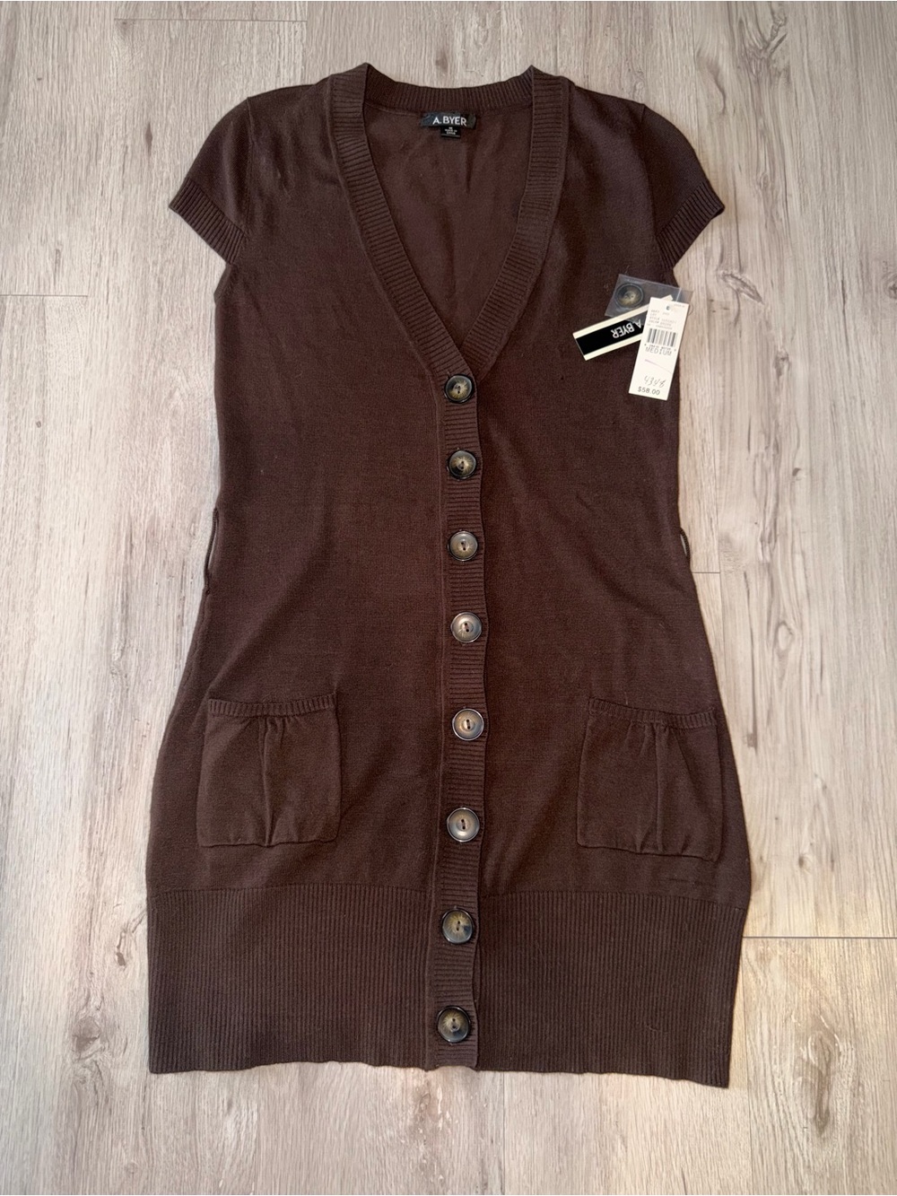 A. Byer Dark Brown Short Sleeve Button-Front Knit Dress